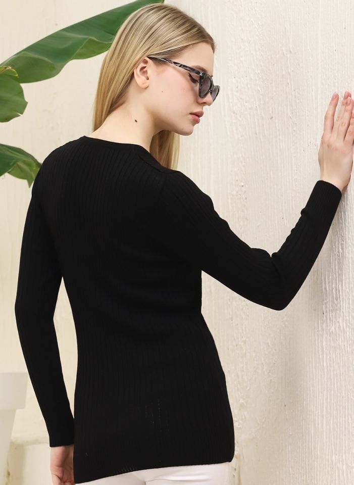 Kadın V Yaka Saç Örgü Triko Kazak Siyah