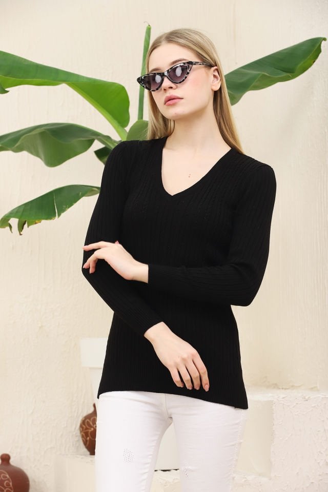 Kadın V Yaka Saç Örgü Triko Kazak Siyah