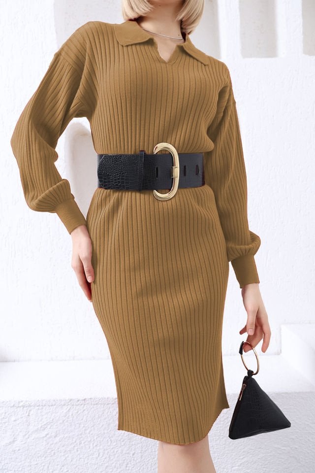 Kamel Polo Yaka Uzun Triko Elbise