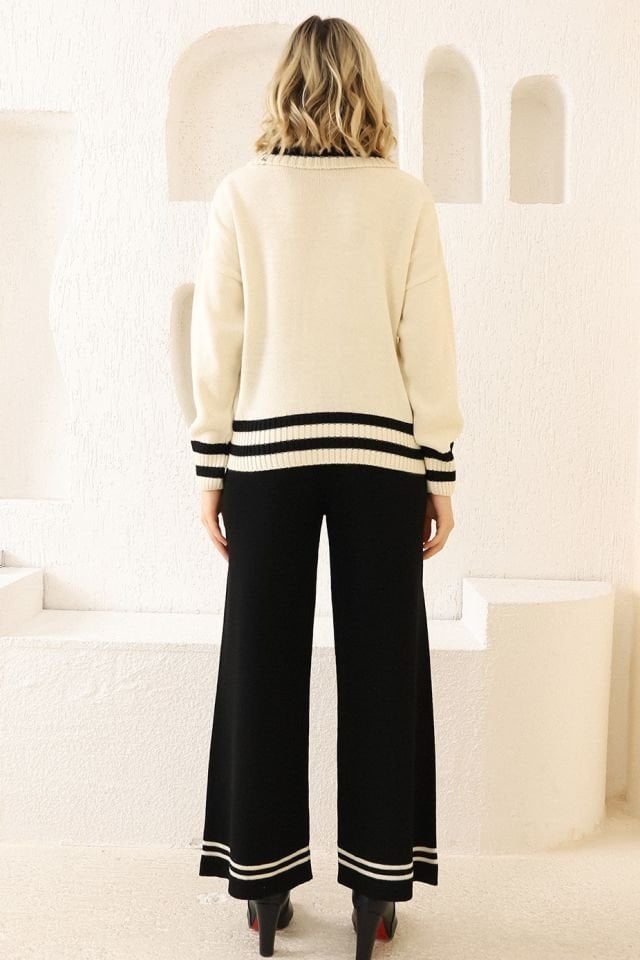 Kadın Krem Siyah Çizgili Degaje Yaka Oversize Kazak Pantolon İkili Takım