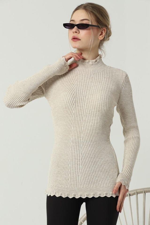 Kadın Kol ve Yaka Ucu Dantel Triko Kazak Bej