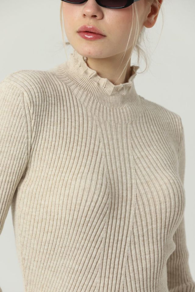 Kadın Kol ve Yaka Ucu Dantel Triko Kazak Bej