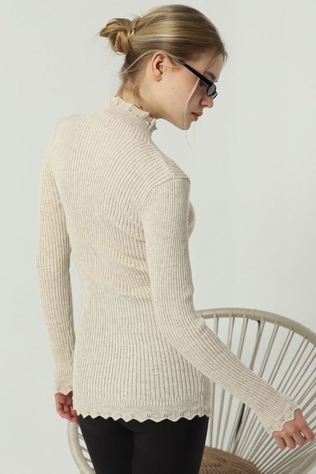 Kadın Kol ve Yaka Ucu Dantel Triko Kazak Bej