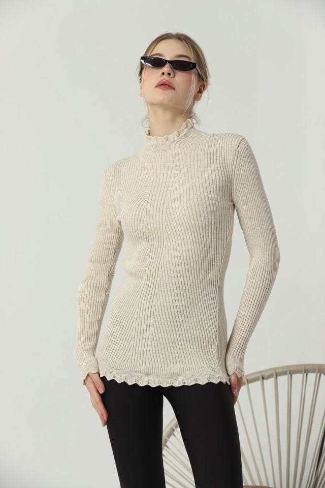 Kadın Kol ve Yaka Ucu Dantel Triko Kazak Bej