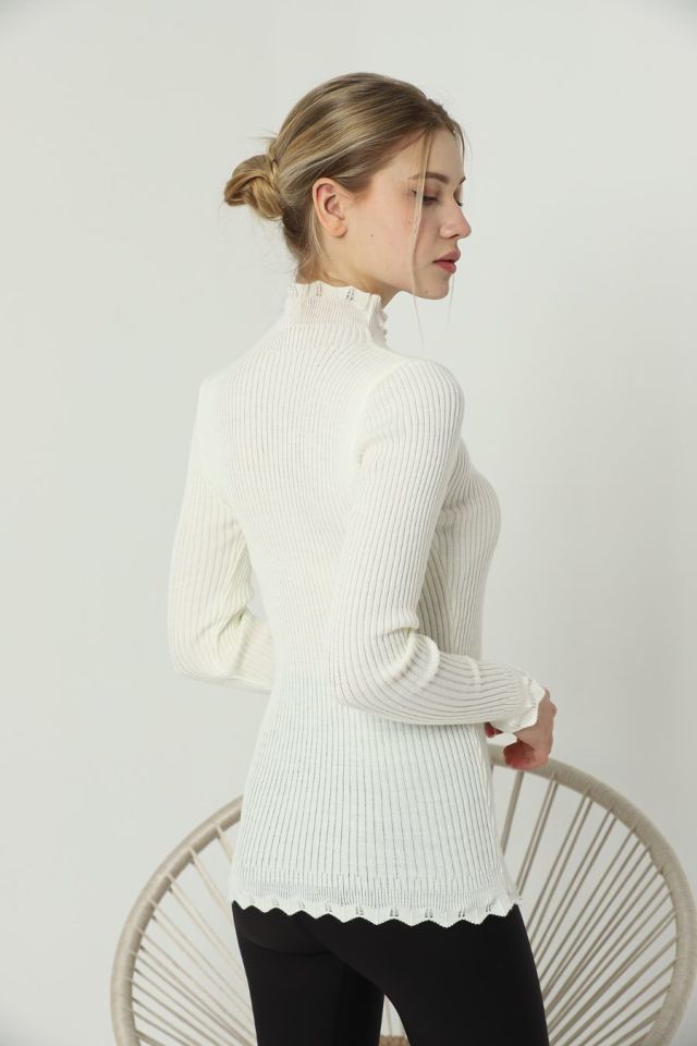 Kadın Kol ve Yaka Ucu Dantel Triko Kazak Ekru