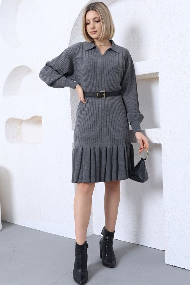 Antrasit Polo Yaka Fırfırlı Triko Elbise