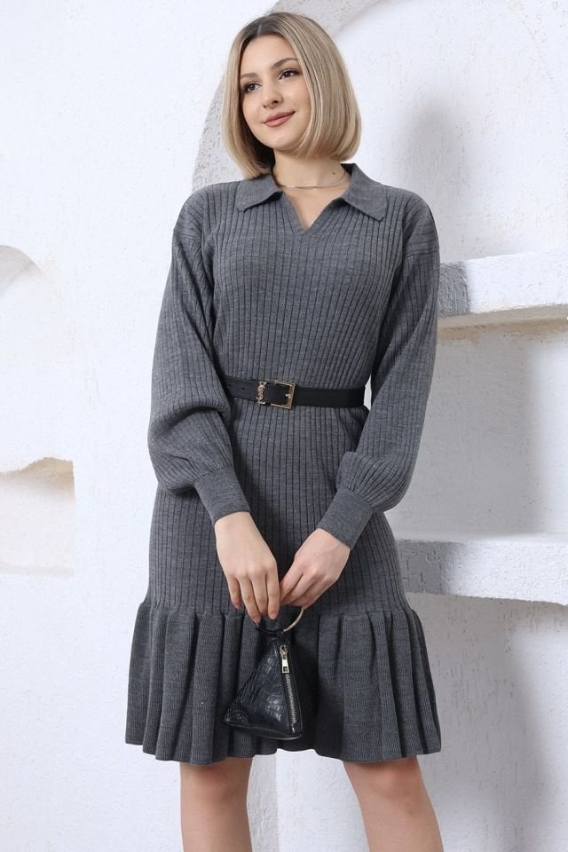 Antrasit Polo Yaka Fırfırlı Triko Elbise