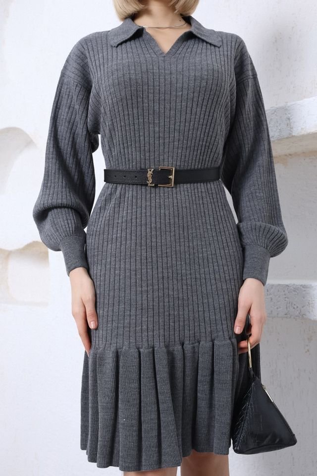 Antrasit Polo Yaka Fırfırlı Triko Elbise