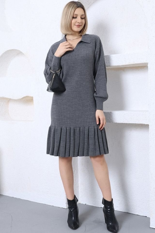 Antrasit Polo Yaka Fırfırlı Triko Elbise