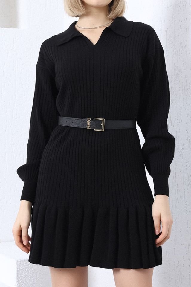 Siyah Polo Yaka Fırfırlı Triko Elbise