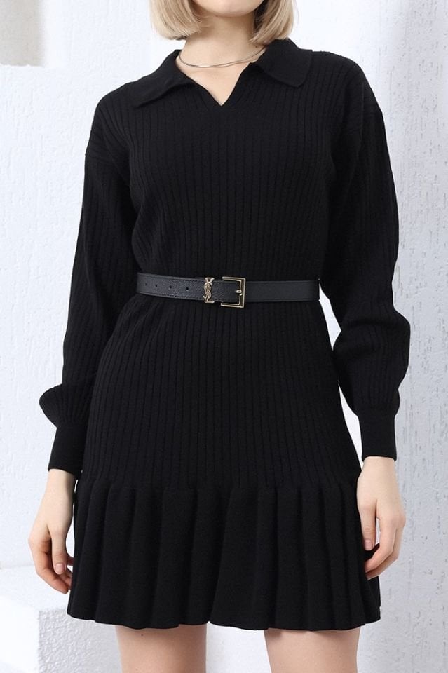 Siyah Polo Yaka Fırfırlı Triko Elbise