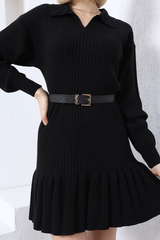 Siyah Polo Yaka Fırfırlı Triko Elbise