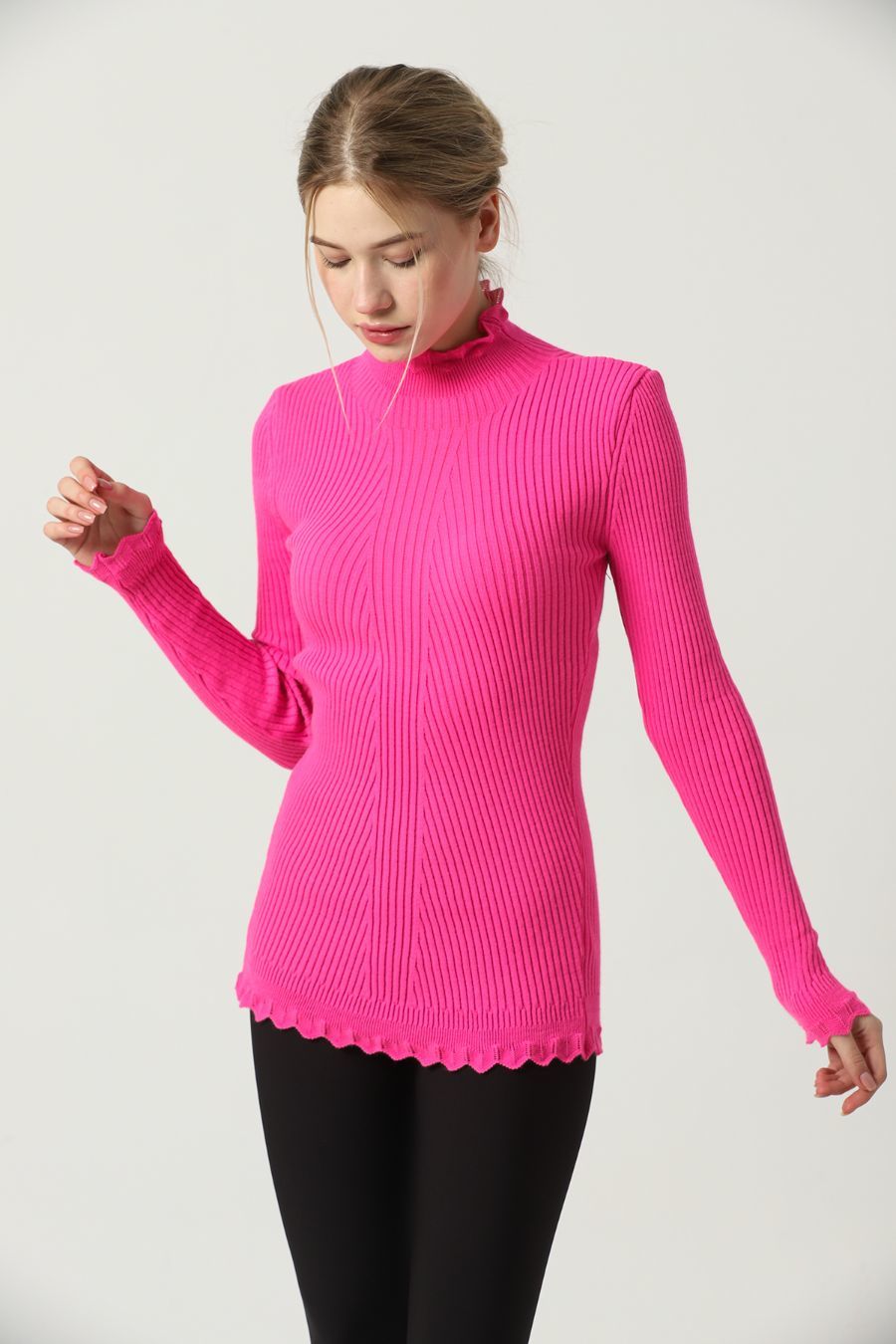 Kadın Kol ve Yaka Ucu Dantel Triko Kazak Fuşya