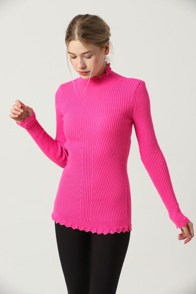 Kadın Kol ve Yaka Ucu Dantel Triko Kazak Fuşya