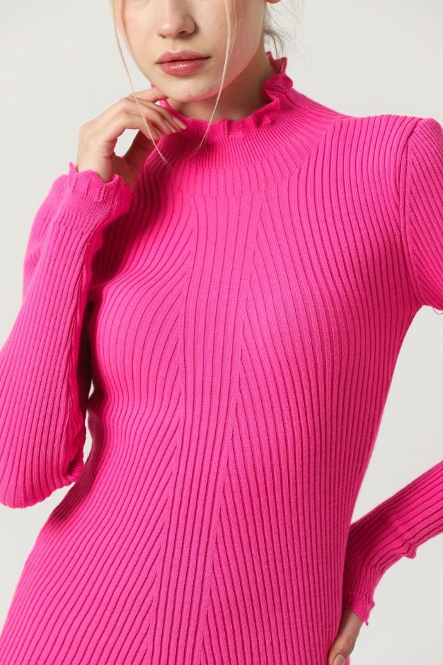 Kadın Kol ve Yaka Ucu Dantel Triko Kazak Fuşya