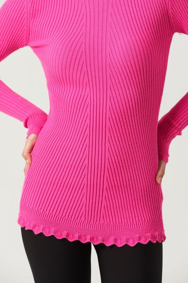 Kadın Kol ve Yaka Ucu Dantel Triko Kazak Fuşya
