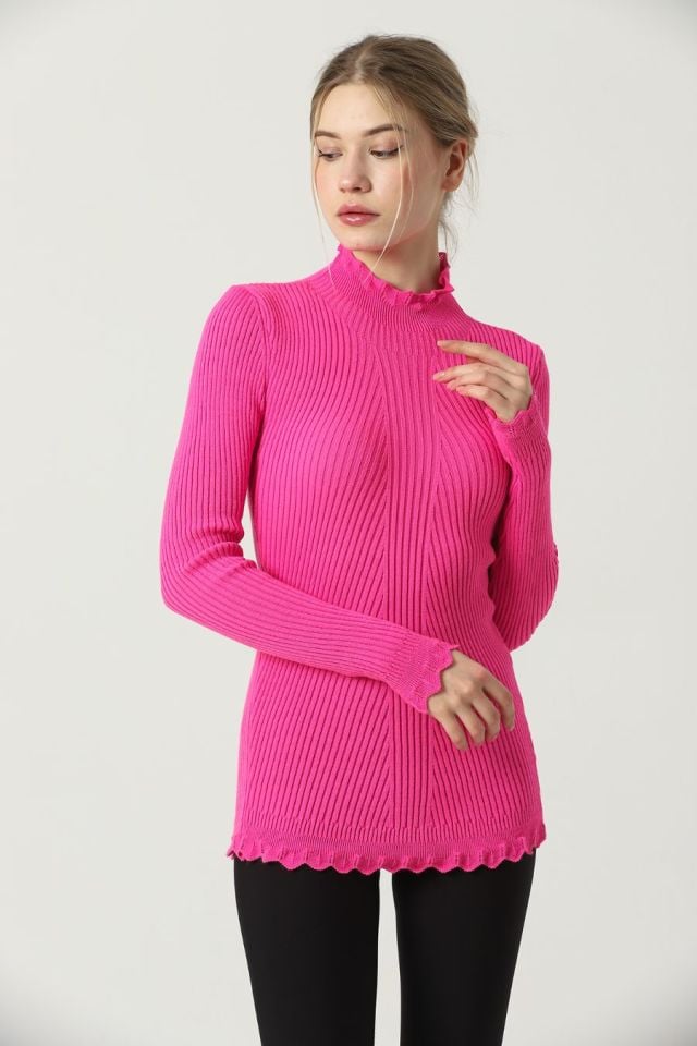 Kadın Kol ve Yaka Ucu Dantel Triko Kazak Fuşya