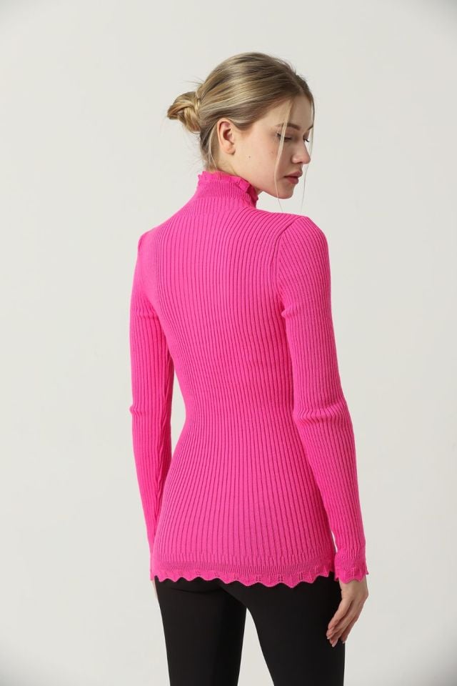 Kadın Kol ve Yaka Ucu Dantel Triko Kazak Fuşya